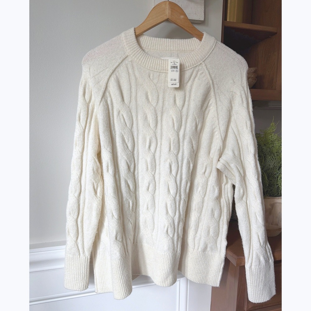 NWT Aerie Fisherman Cable Knit Sweater Oversized Women XS Ivory Cream Crew Neck